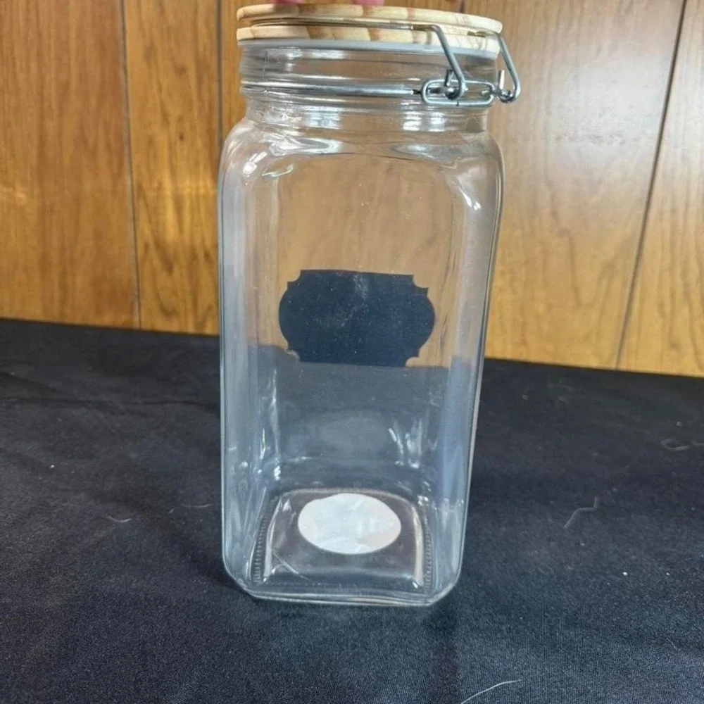 Clear glass jar with‎ wooden lid and chalkboard label NEW